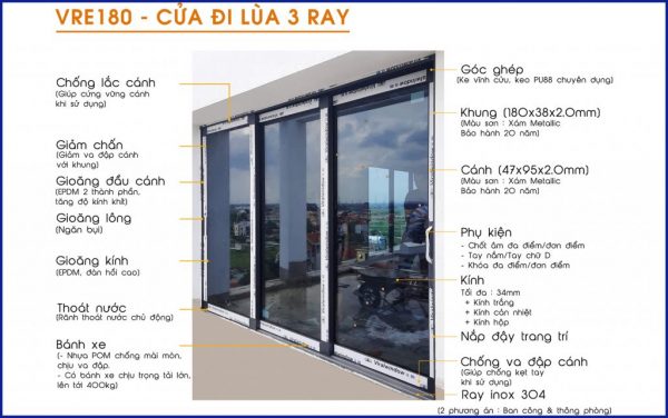 VRE180 | Cửa đi mở lùa 3 ray Viralwindow